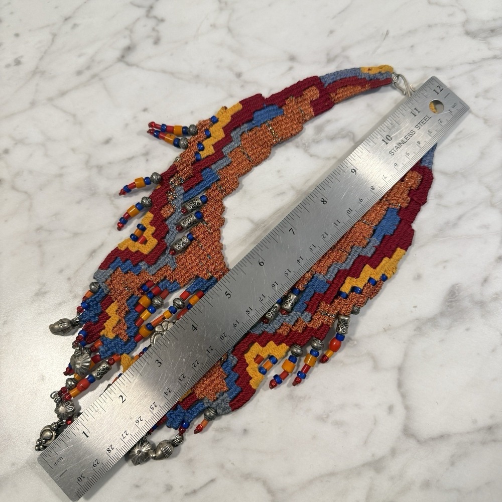 Artisan Woven Tapestry Fabric Beaded Ethnic Bib Necklace Helen Banes Style - Picture 9 of 10